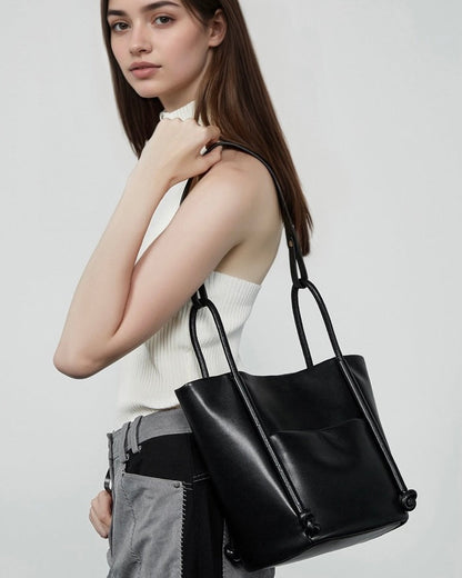 Women's Camel Knot-Detail Genuine Leather Bucket Bag