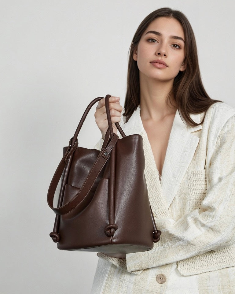 Women's Camel Knot-Detail Genuine Leather Bucket Bag