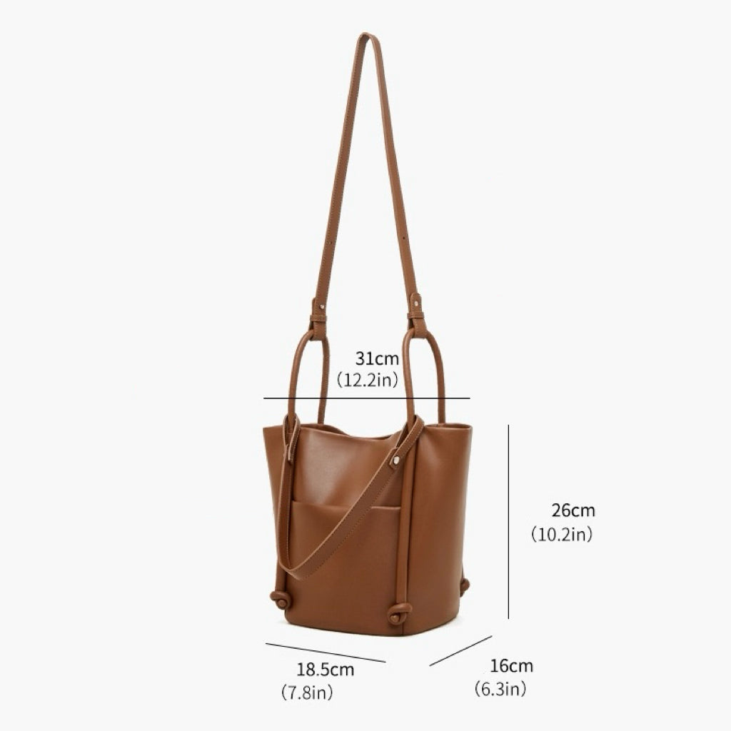 Women's Camel Knot-Detail Genuine Leather Bucket Bag