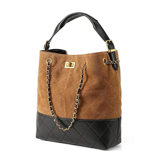 Suede Genuine Leather Color Block Chain Bucket Bag