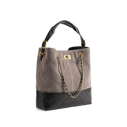Suede Genuine Leather Color Block Chain Bucket Bag