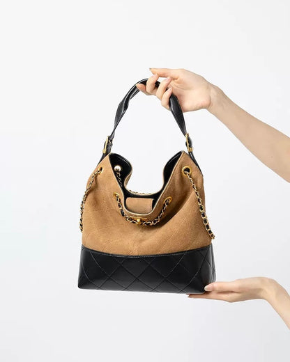 Suede Genuine Leather Color Block Chain Bucket Bag