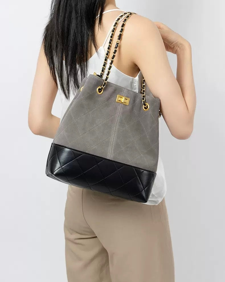 Suede Genuine Leather Color Block Chain Bucket Bag