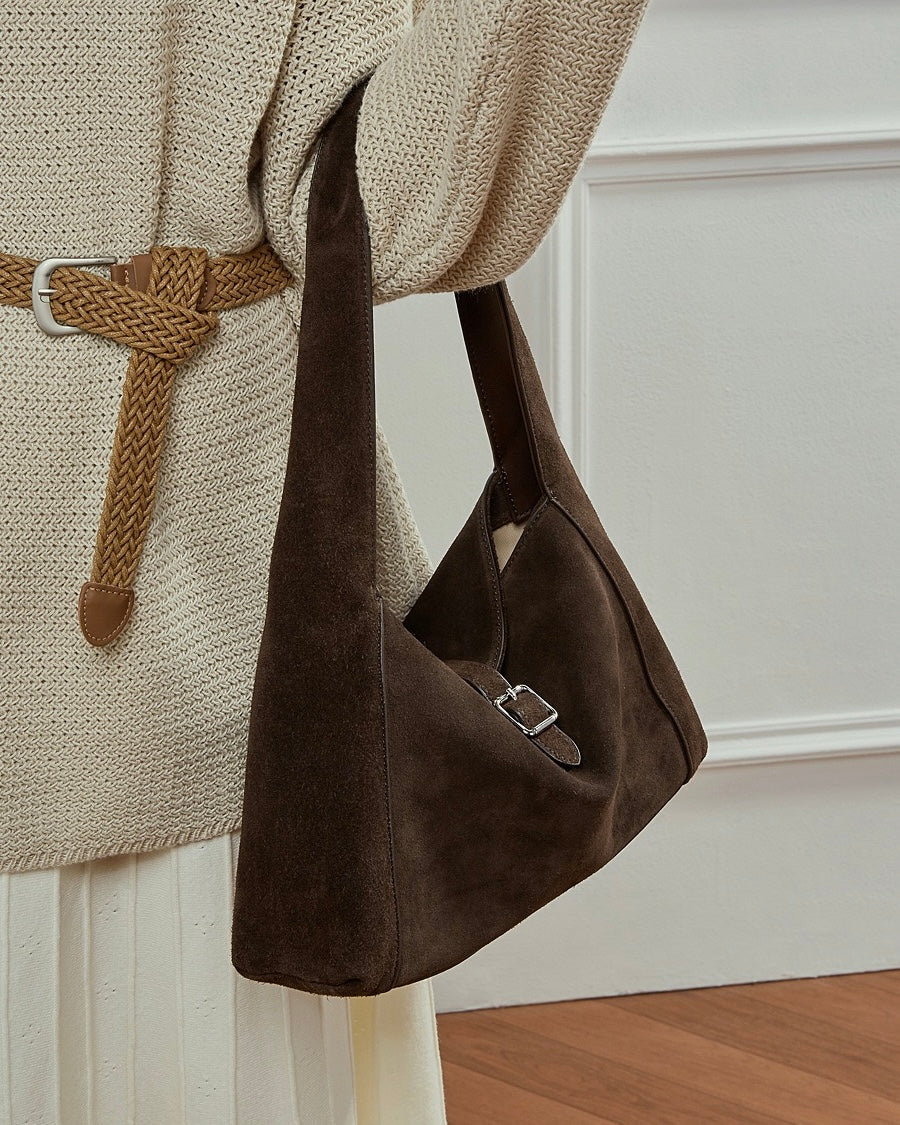 Structured Truffle Suede Shoulder Bag with Metal Buckle