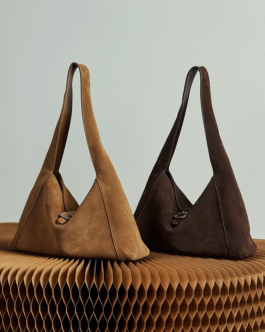 Structured Truffle Suede Shoulder Bag with Metal Buckle
