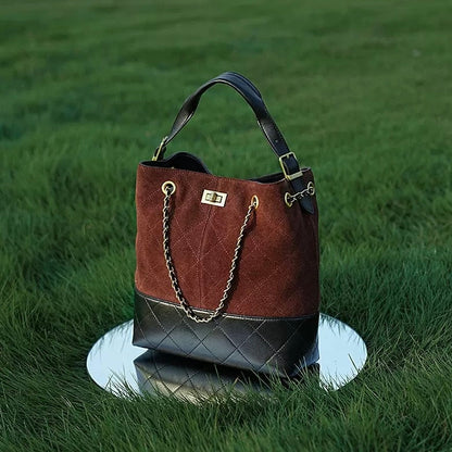 Suede Genuine Leather Color Block Chain Bucket Bag