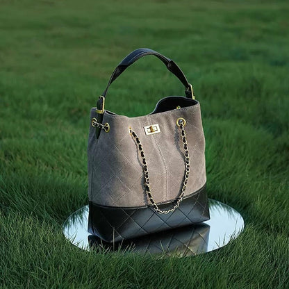 Suede Genuine Leather Color Block Chain Bucket Bag