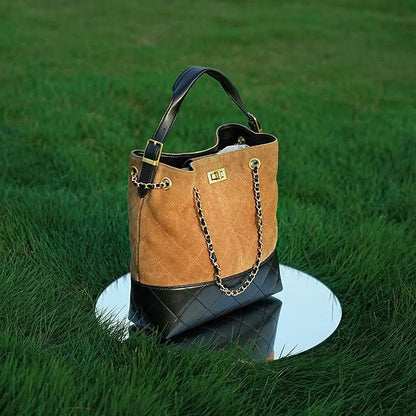 Suede Genuine Leather Color Block Chain Bucket Bag
