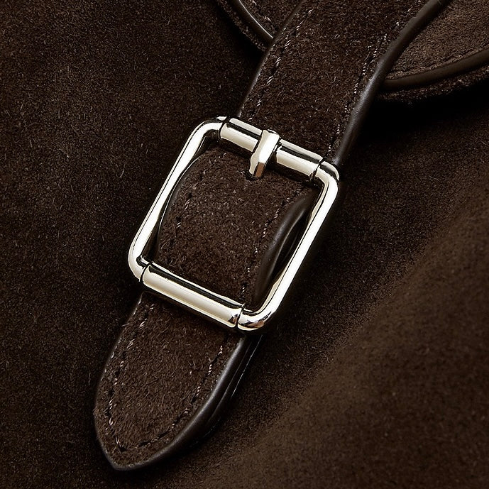 Structured Truffle Suede Shoulder Bag with Metal Buckle
