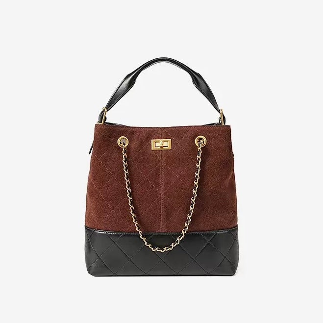Suede Genuine Leather Color Block Chain Bucket Bag