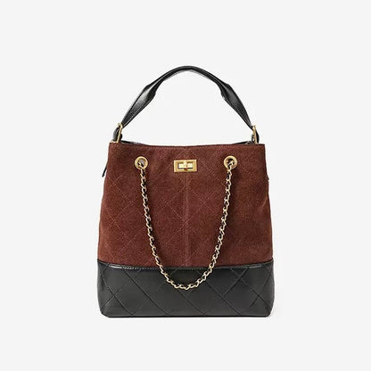 Suede Genuine Leather Color Block Chain Bucket Bag