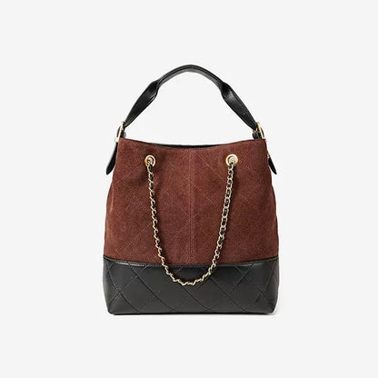 Suede Genuine Leather Color Block Chain Bucket Bag