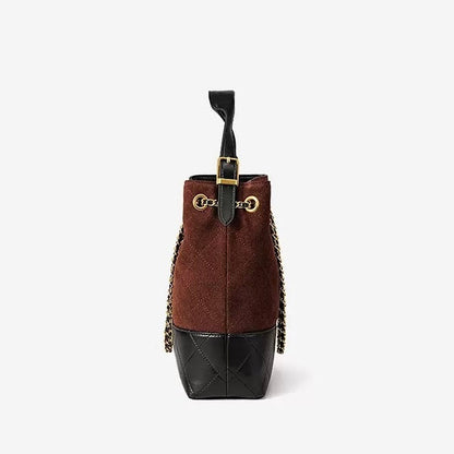 Suede Genuine Leather Color Block Chain Bucket Bag