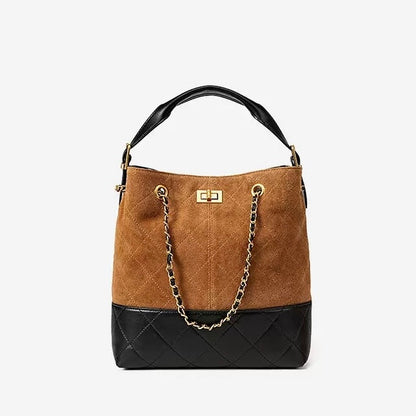 Suede Genuine Leather Color Block Chain Bucket Bag