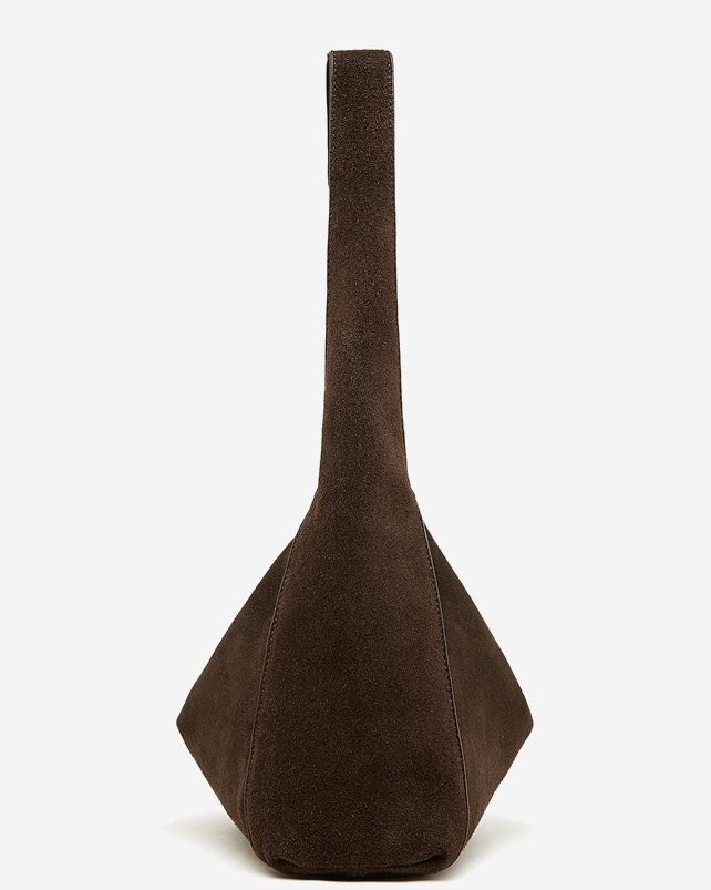 Structured Truffle Suede Shoulder Bag with Metal Buckle