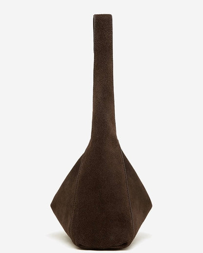 Structured Truffle Suede Shoulder Bag with Metal Buckle