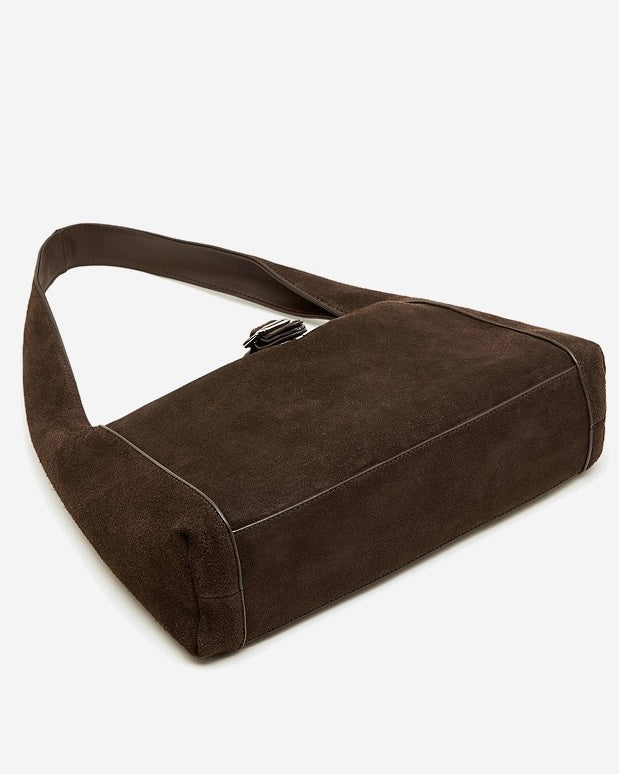 Structured Truffle Suede Shoulder Bag with Metal Buckle
