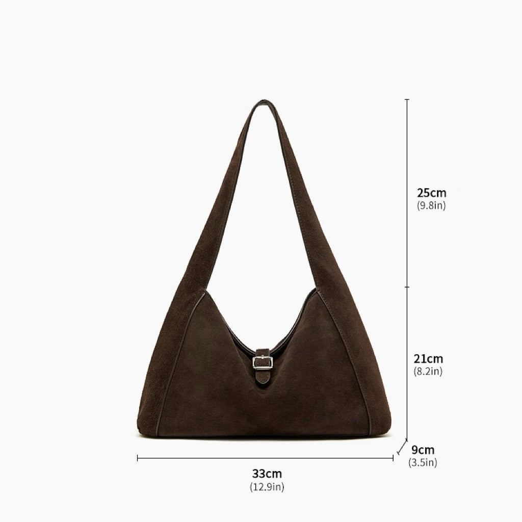 Structured Truffle Suede Shoulder Bag with Metal Buckle