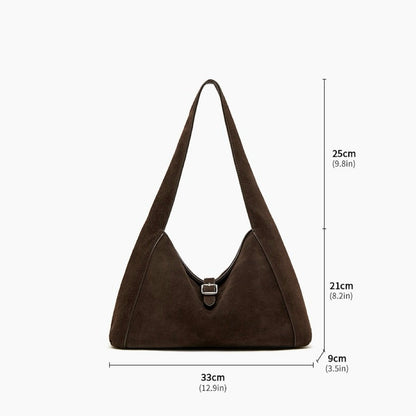 Structured Truffle Suede Shoulder Bag with Metal Buckle