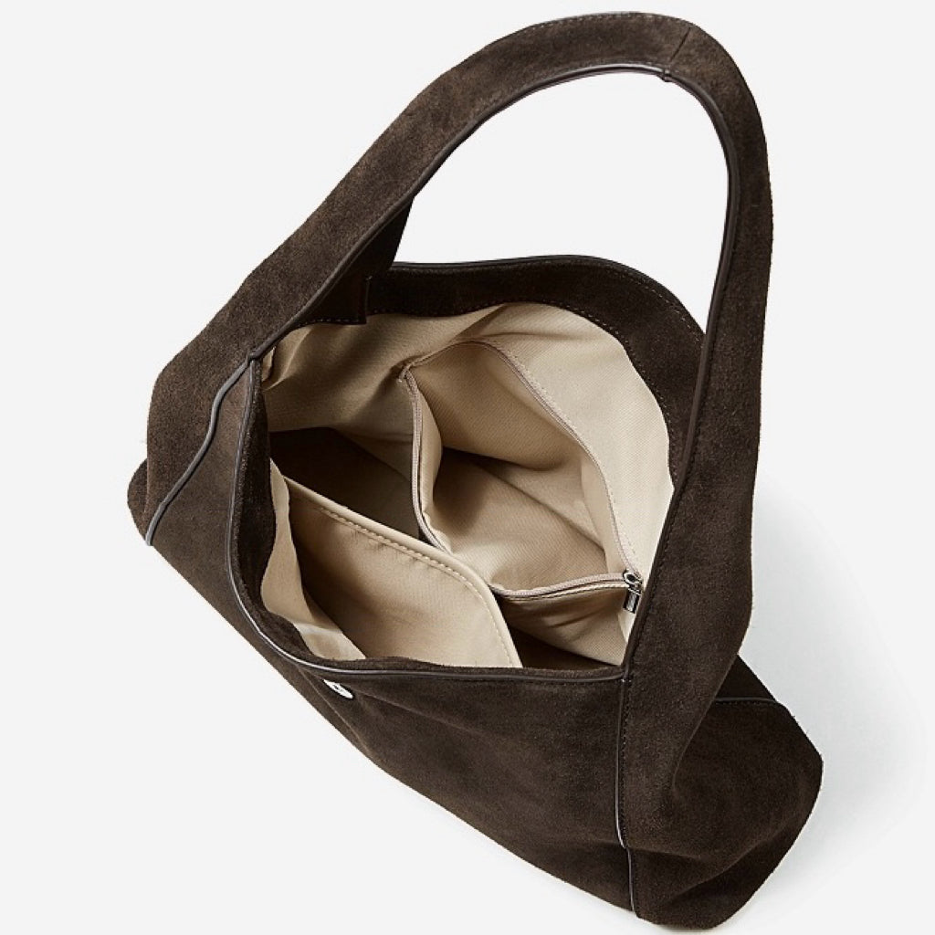 Structured Truffle Suede Shoulder Bag with Metal Buckle