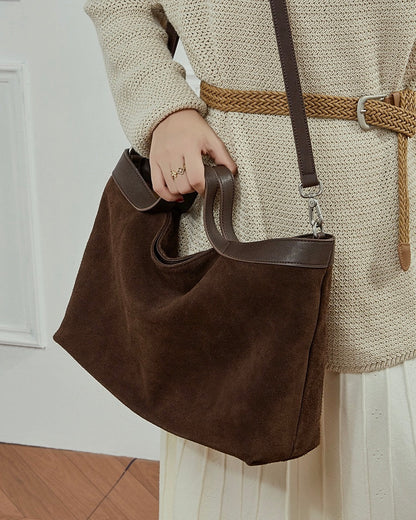 Chocolate Suede & Genuine Leather Structured Tote Bag