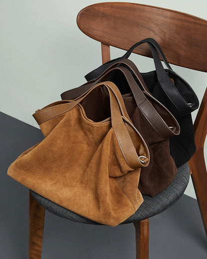 Chocolate Suede & Genuine Leather Structured Tote Bag