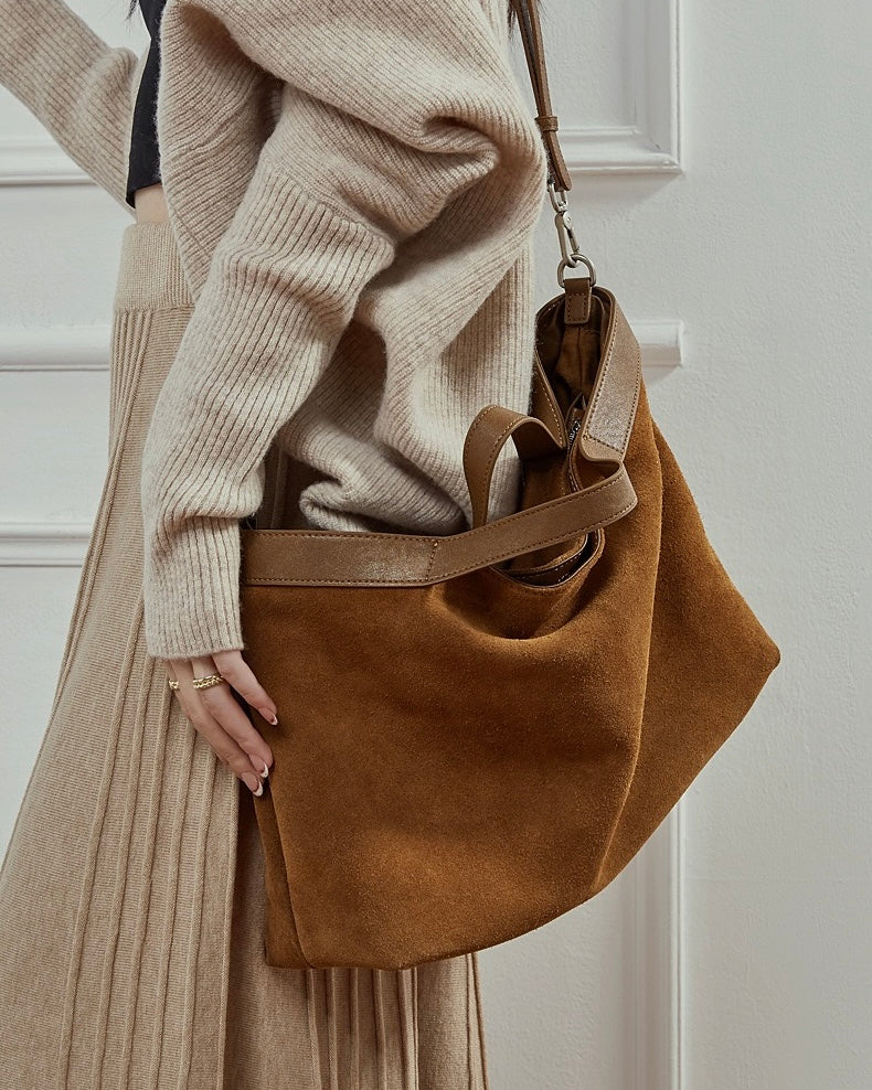 Chocolate Suede & Genuine Leather Structured Tote Bag