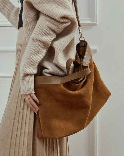 Chocolate Suede & Genuine Leather Structured Tote Bag