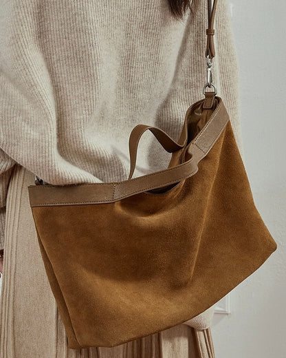 Chocolate Suede & Genuine Leather Structured Tote Bag