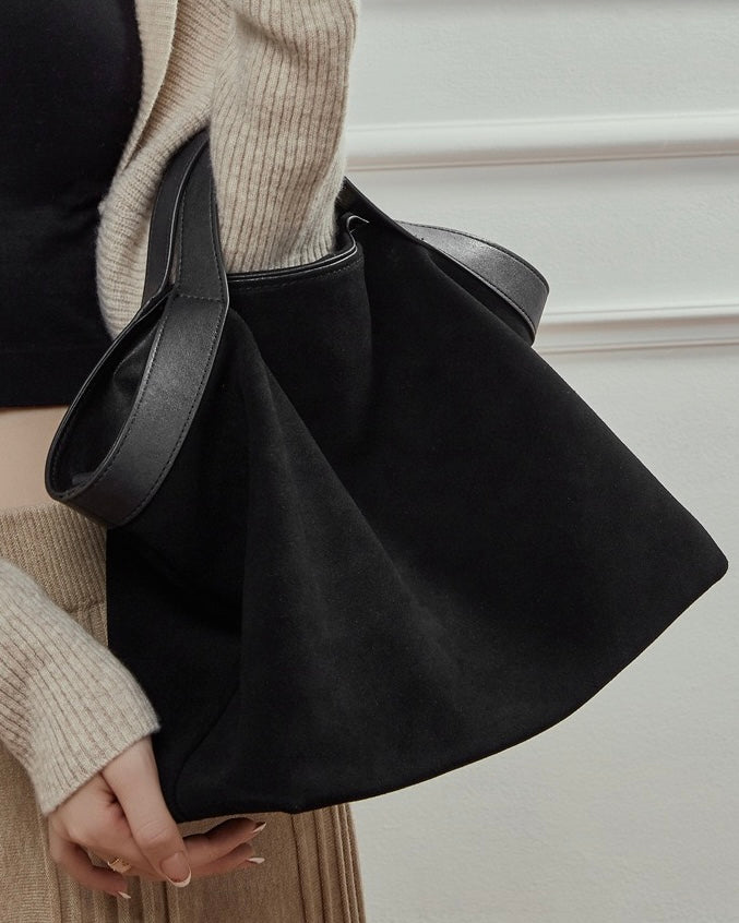 Chocolate Suede & Genuine Leather Structured Tote Bag