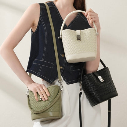 Women’s Genuine Sheepskin Woven Bucket Bag – Elegant Commuter Style