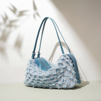 Women’s Genuine Leather Denim Patchwork Shoulder Bag – Vintage Artistic Style