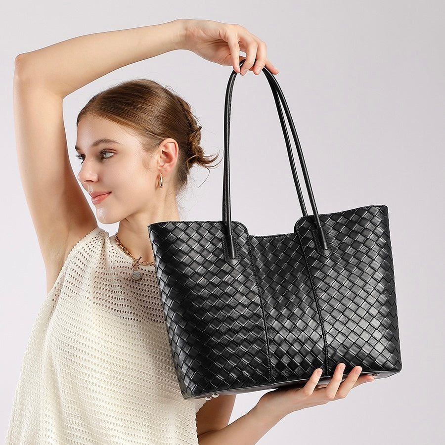 Women's Genuine Leather Large Capacity Woven Tote Bag
