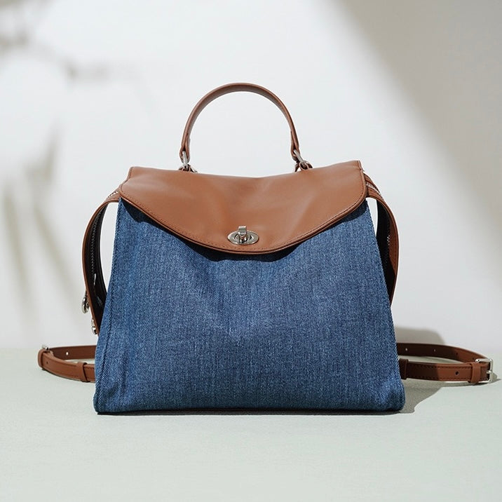 Women’s Genuine Leather & Denim Patchwork Backpack – Large Capacity Commuter Bag