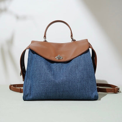 Women’s Genuine Leather & Denim Patchwork Backpack – Large Capacity Commuter Bag