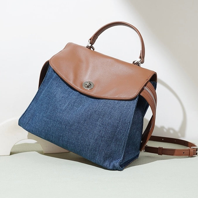 Women’s Genuine Leather & Denim Patchwork Backpack – Large Capacity Commuter Bag