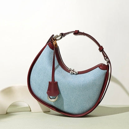Women’s Genuine Leather & Denim Crescent Shoulder Bag – Spring/Summer Mini Edition