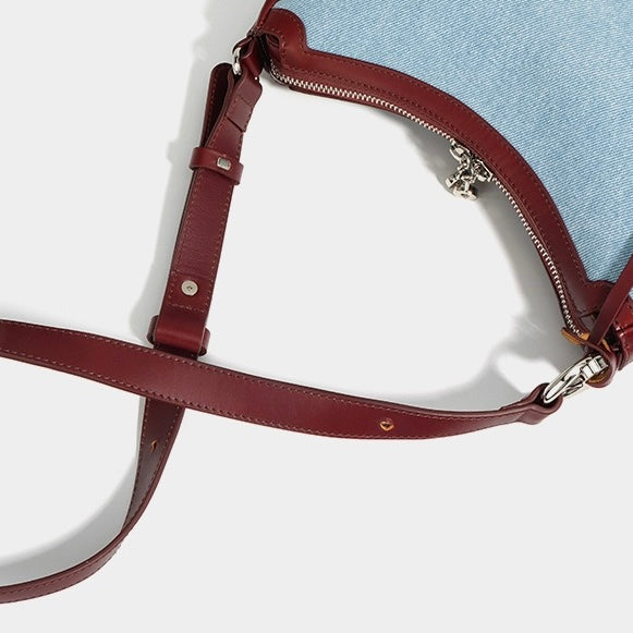 Women’s Genuine Leather & Denim Crescent Shoulder Bag – Spring/Summer Mini Edition