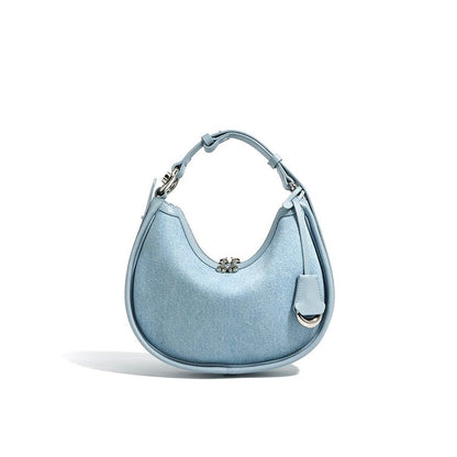 Women’s Genuine Leather & Denim Crescent Shoulder Bag – Spring/Summer Mini Edition