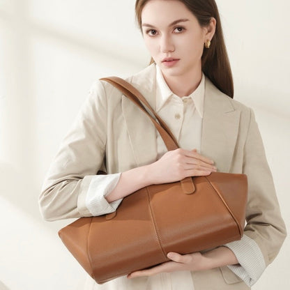 Women’s Genuine Leather Winged Pleated Tote – Minimalist Large Capacity Commuter Bag