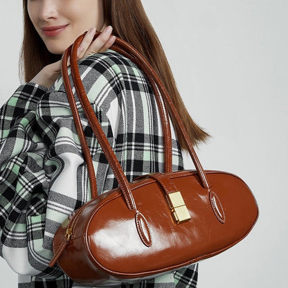 Women's Top Grain Cowhide Single Shoulder Handheld Baguette Bag