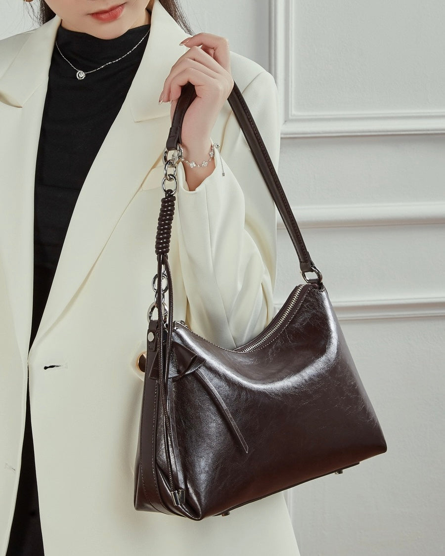 Women's Genuine Leather Hobo Bag with Knotted Strap & Bow Detail