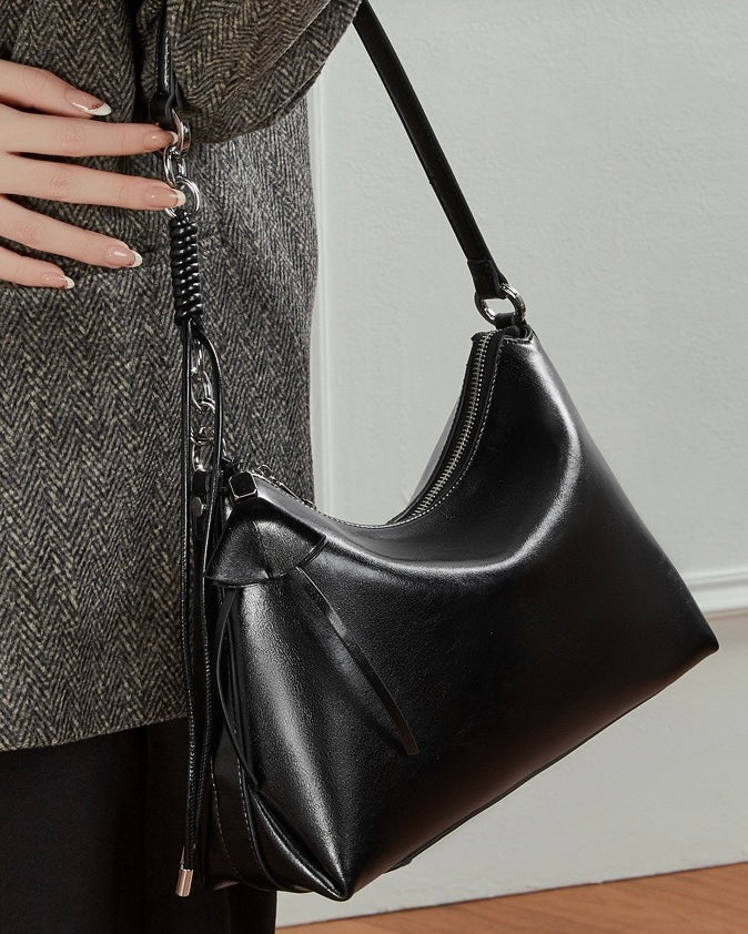 Women's Genuine Leather Hobo Bag with Knotted Strap & Bow Detail