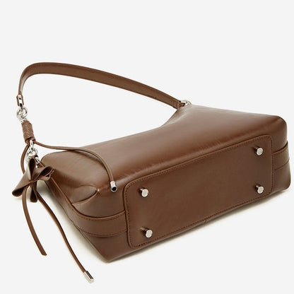 Women's Genuine Leather Hobo Bag with Knotted Strap & Bow Detail