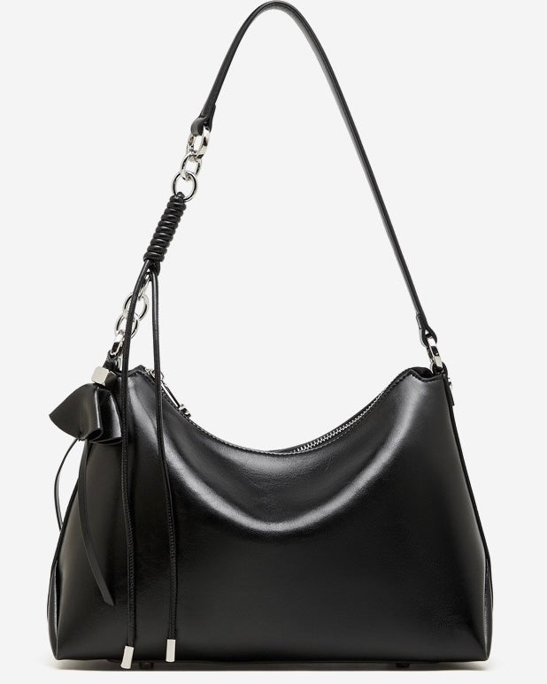 Women's Genuine Leather Hobo Bag with Knotted Strap & Bow Detail
