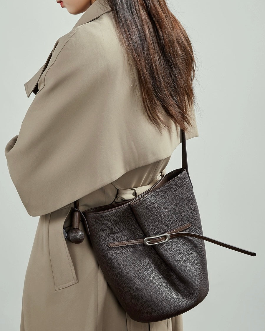 Women's Pebbled Leather Bucket Bag with Knot & Sphere Detail