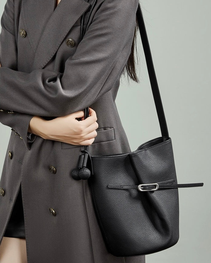 Women's Pebbled Leather Bucket Bag with Knot & Sphere Detail