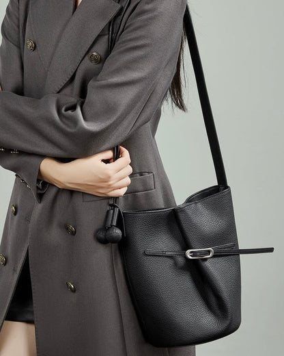 Women's Pebbled Leather Bucket Bag with Knot & Sphere Detail