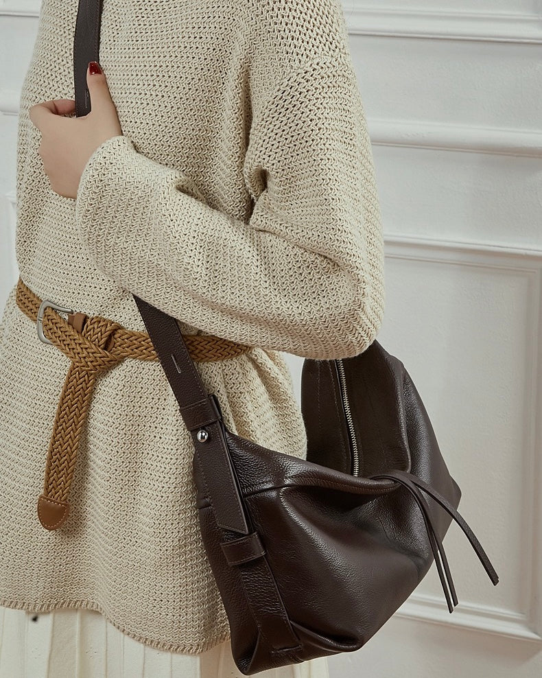 Women's Genuine Pebbled Leather Crescent Bag with Tassel Accent