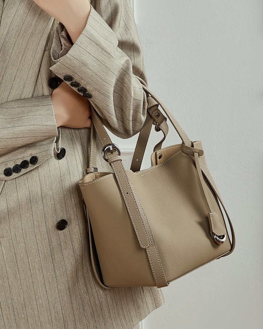 Women's Sleek Genuine Togo Leather Bucket Bag with Pouch